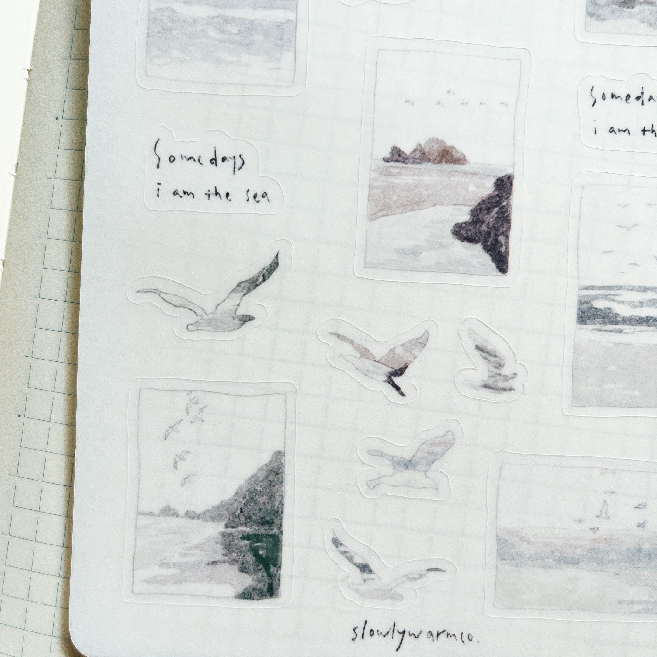 sticker sheet | listen. | self-care | collect beautiful moments | a day by the sea | bird and ocean