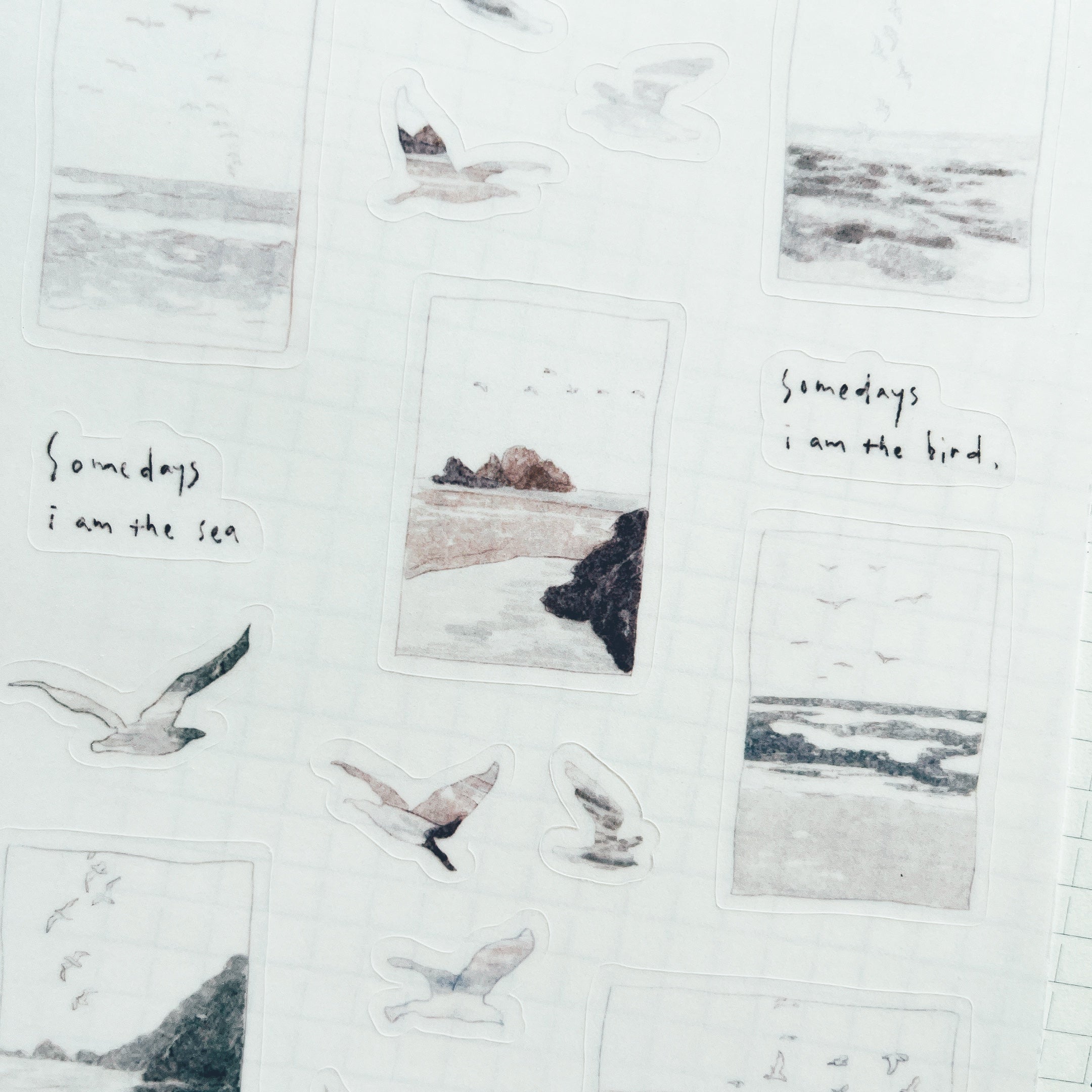 sticker sheet | listen. | self-care | collect beautiful moments | a day by the sea | bird and ocean