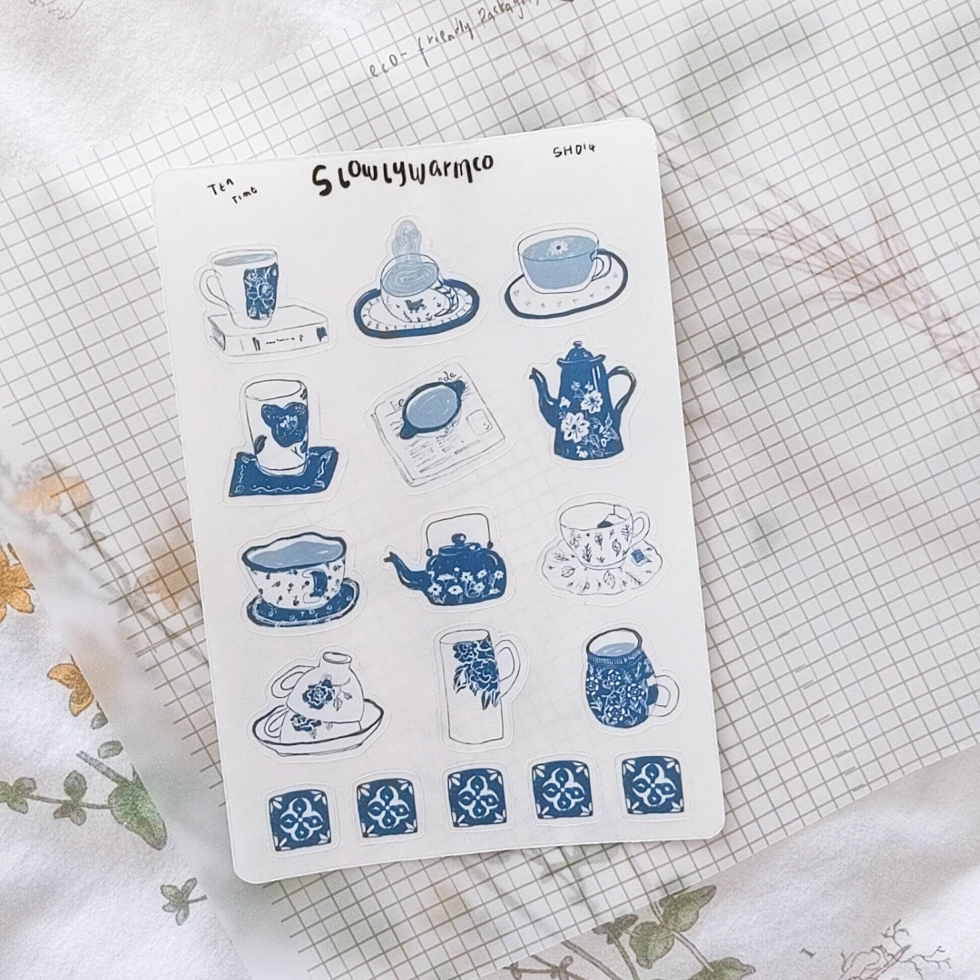 sticker sheet| tea time | china blue tea cups | cozy | tea lover